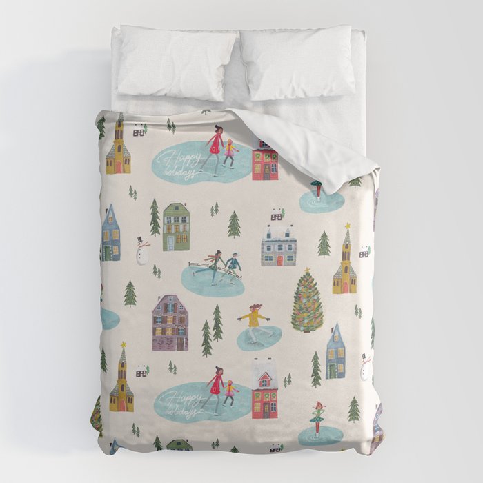 Skating retro winter snow landscape Duvet Cover Gallery Image 6