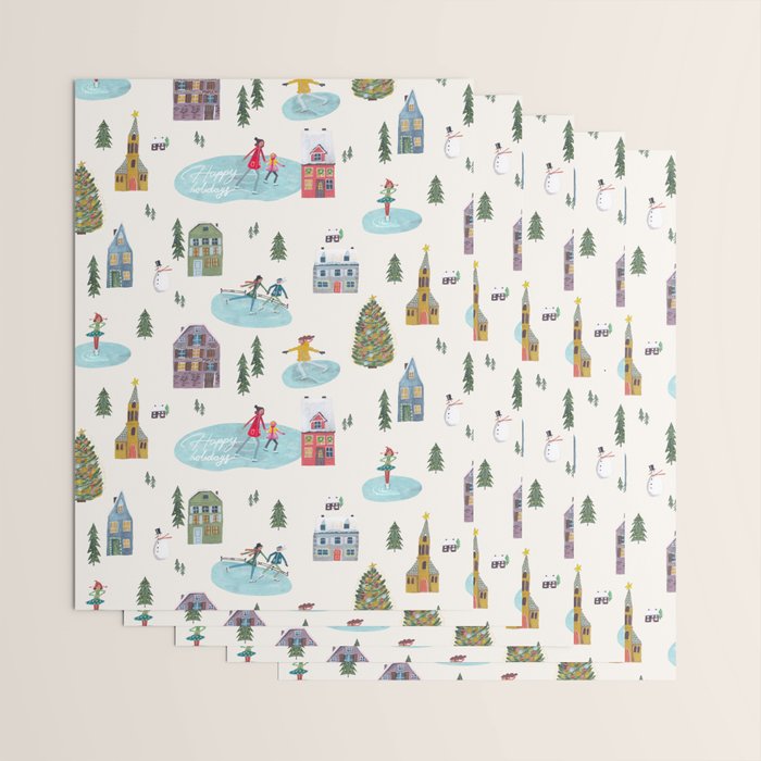 Skating retro winter snow landscape Wrapping Paper Gallery Image 3