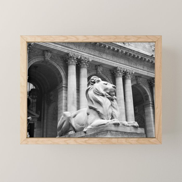 New York Public Library Lion and Facade New York City black and white photograph Mini Art Print Gallery Image 1