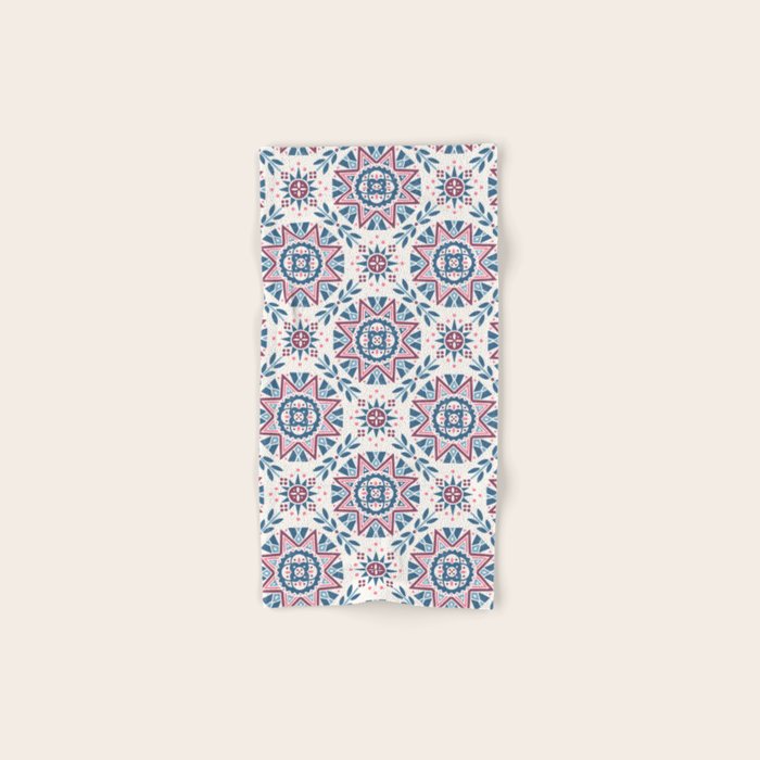 Folk Art Shapes Block Print - Blue and Burgundy Bath Towel Gallery Image 1