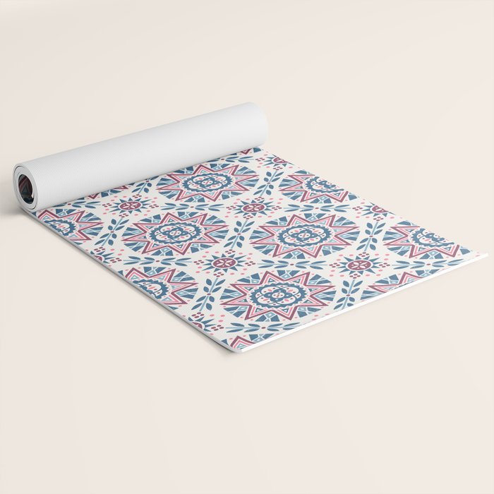 Folk Art Shapes Block Print - Blue and Burgundy Yoga Mat Gallery Image 2