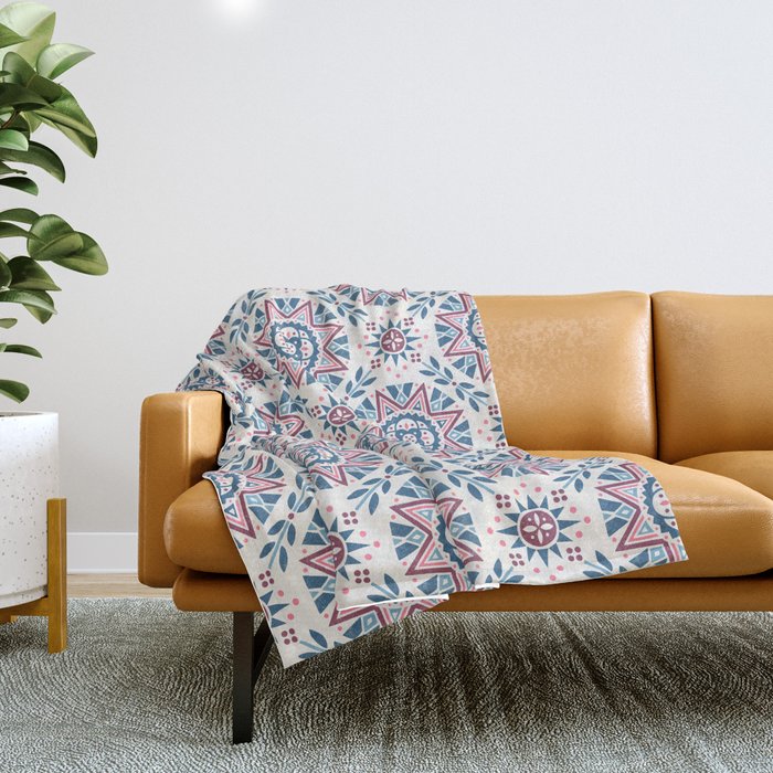Folk Art Shapes Block Print - Blue and Burgundy Throw Blanket Gallery Image 1