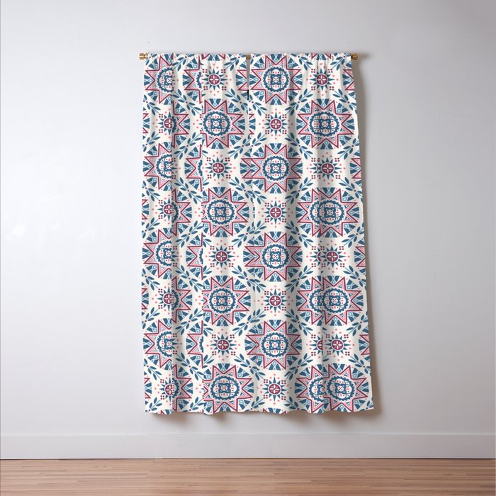 Folk Art Shapes Block Print - Blue and Burgundy Window Curtain Gallery Image 3