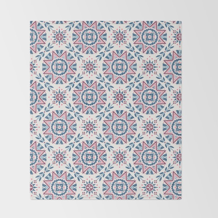 Folk Art Shapes Block Print - Blue and Burgundy Throw Blanket Gallery Image 2
