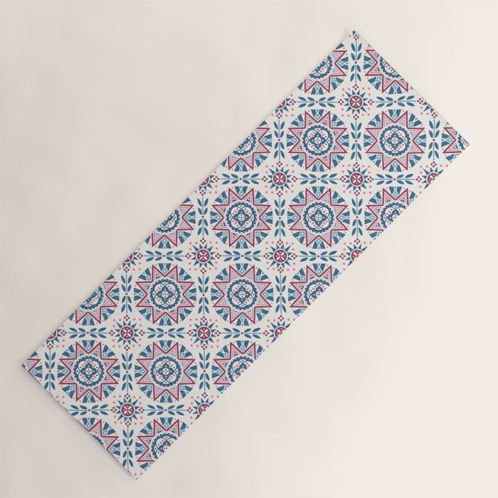 Folk Art Shapes Block Print - Blue and Burgundy Yoga Mat Gallery Image 1