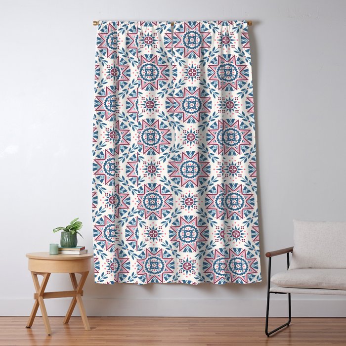 Folk Art Shapes Block Print - Blue and Burgundy Window Curtain