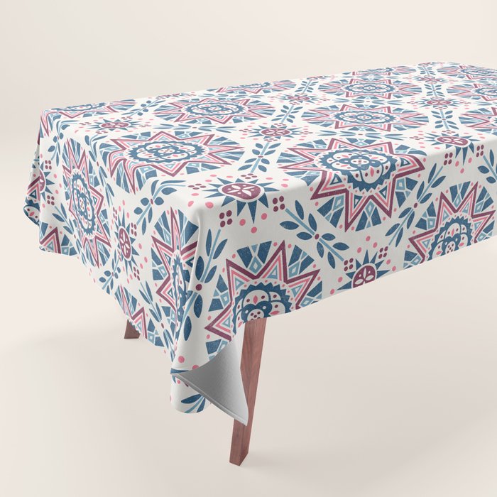 Folk Art Shapes Block Print - Blue and Burgundy Tablecloth Gallery Image 1