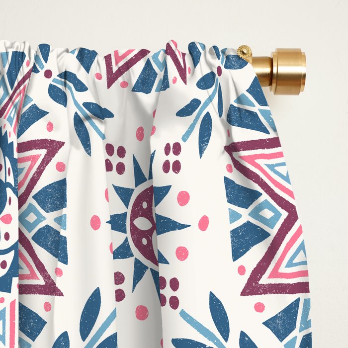 Folk Art Shapes Block Print - Blue and Burgundy Window Curtain Gallery Image 2