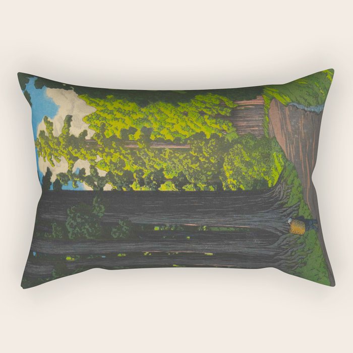 Vintage Japanese Woodblock Print Kawase Hasui Mystical Japanese forest Tall Green Trees Rectangular Pillow Gallery Image 2