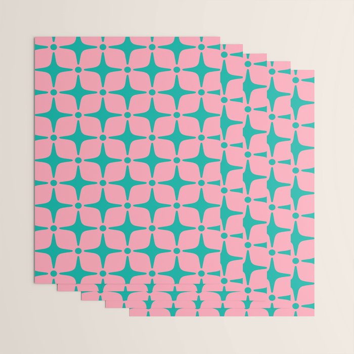 Colorful Mid Century Modern Star Pattern 950 Pink and Turquoise Wrapping Paper Gallery Image 3