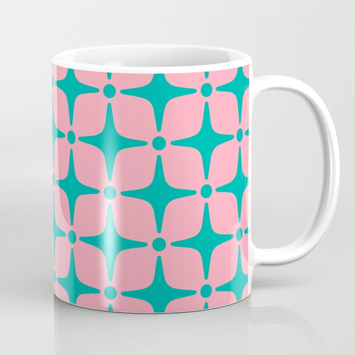 Colorful Mid Century Modern Star Pattern 950 Pink and Turquoise Coffee Mug Gallery Image 1