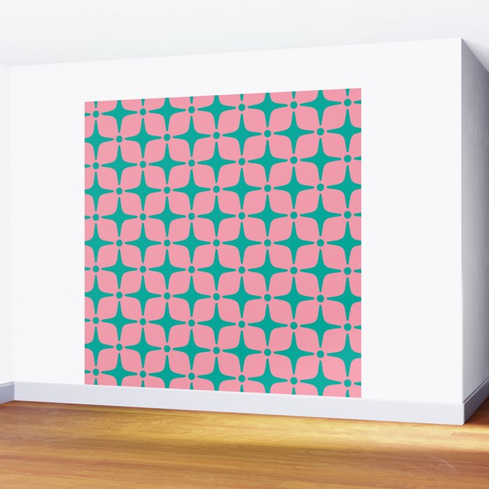 Colorful Mid Century Modern Star Pattern 950 Pink and Turquoise Wall Mural Gallery Image 2