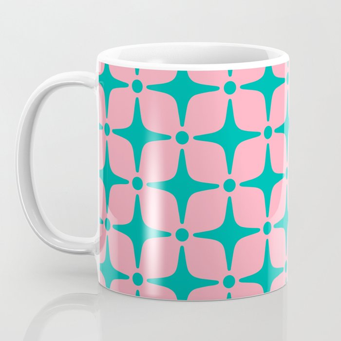 Colorful Mid Century Modern Star Pattern 950 Pink and Turquoise Coffee Mug Gallery Image 3