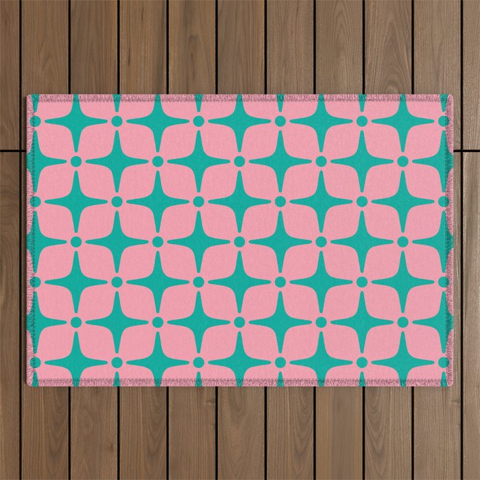 Colorful Mid Century Modern Star Pattern 950 Pink and Turquoise Outdoor Rug Gallery Image 1