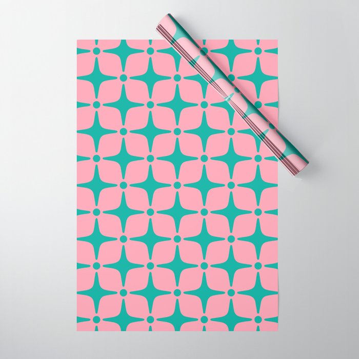 Colorful Mid Century Modern Star Pattern 950 Pink and Turquoise Wrapping Paper Gallery Image 1