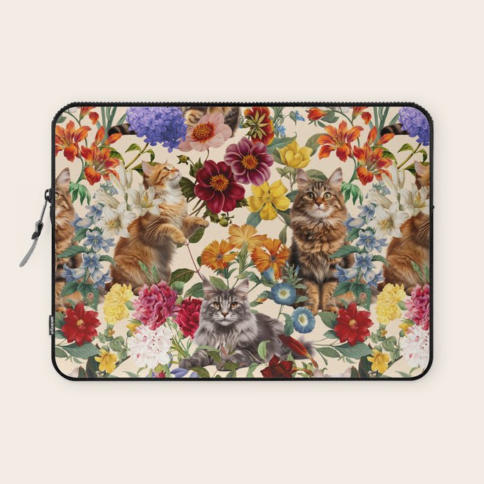 Cat and Floral Pattern IV Laptop Sleeve Gallery Image 1