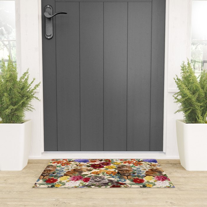 Cat and Floral Pattern IV Welcome Mat Gallery Image 3