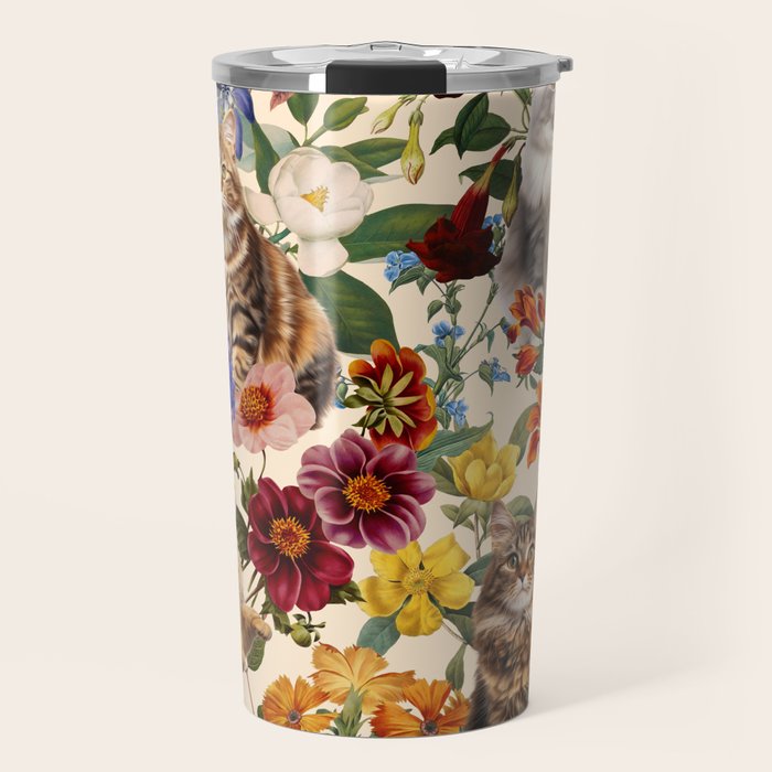 Cat and Floral Pattern IV Travel Mug Gallery Image 1