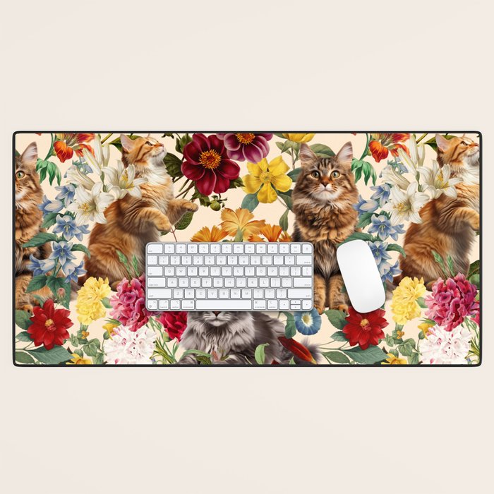 Cat and Floral Pattern IV Desk Mat Gallery Image 1