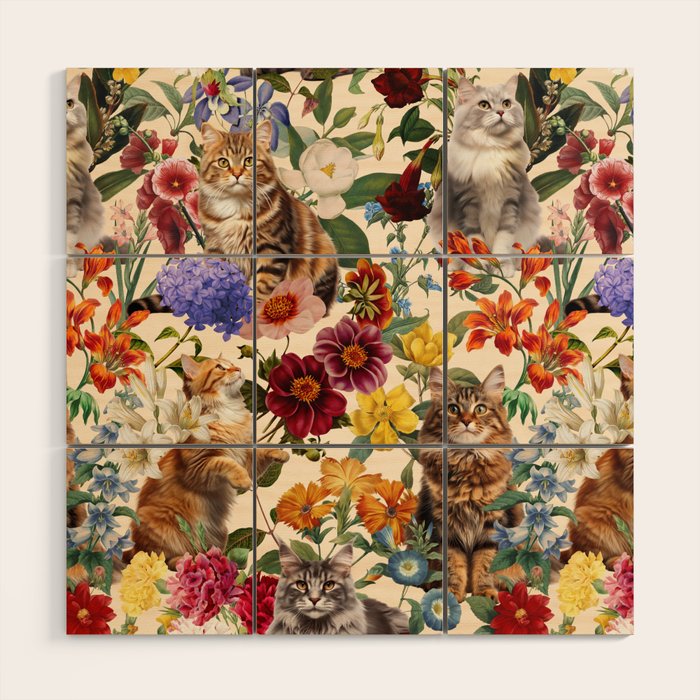 Cat and Floral Pattern IV Wood Wall Art Gallery Image 1