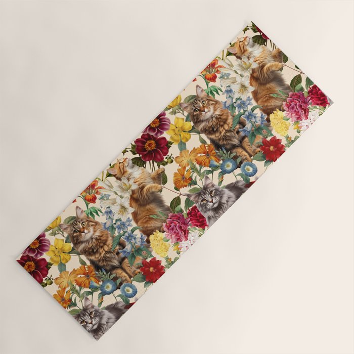 Cat and Floral Pattern IV Yoga Mat Gallery Image 1