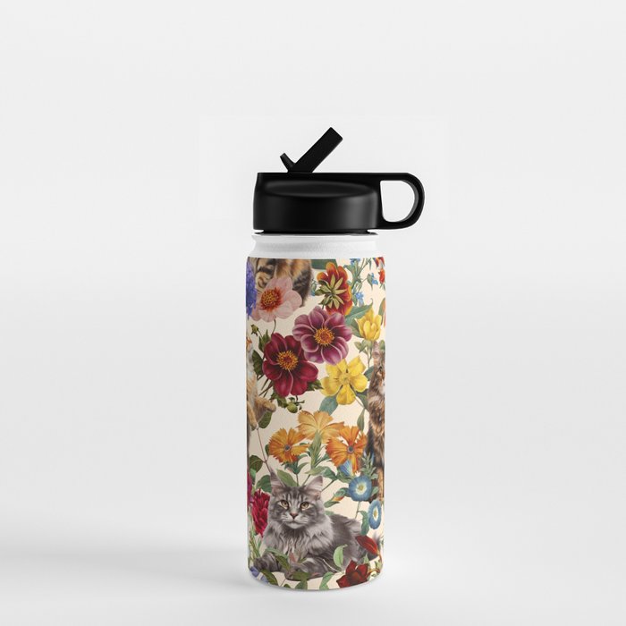 Cat and Floral Pattern IV Water Bottle Gallery Image 1