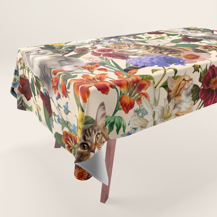 Cat and Floral Pattern IV Tablecloth Gallery Image 1