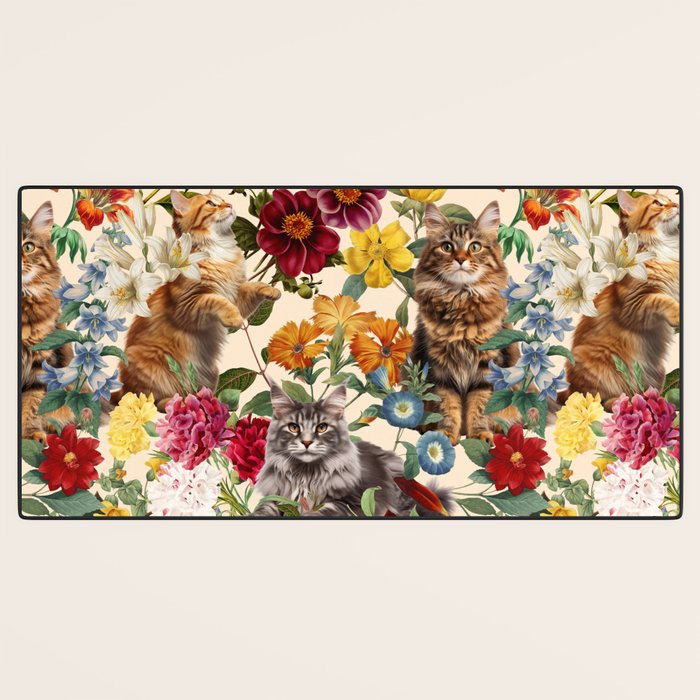 Cat and Floral Pattern IV Desk Mat Gallery Image 3