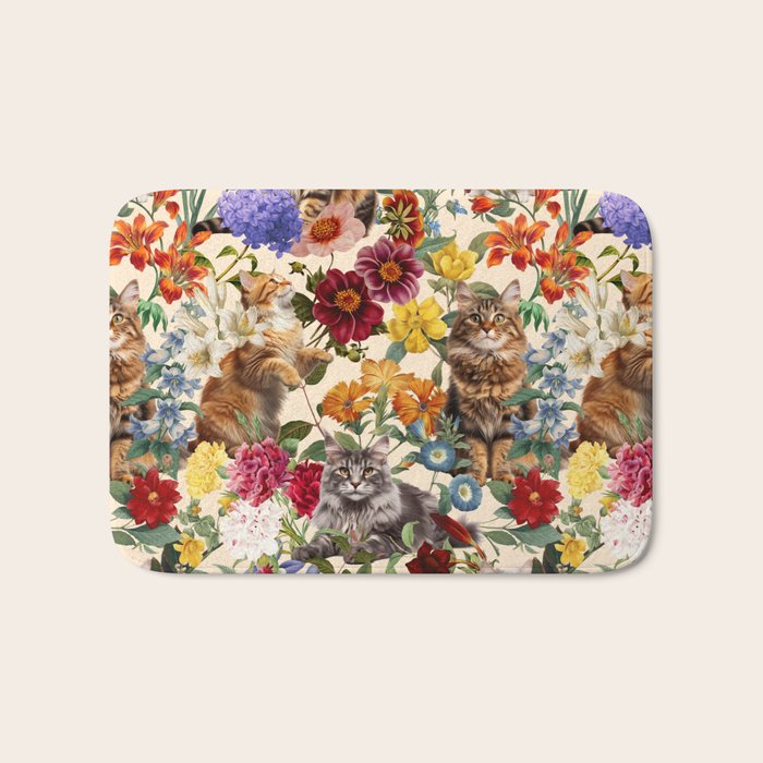 Cat and Floral Pattern IV Bath Mat Gallery Image 1