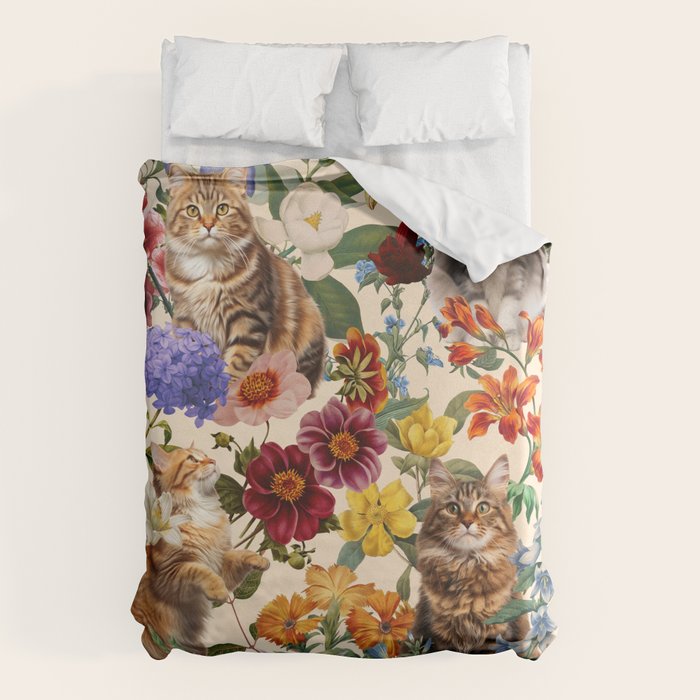 Cat and Floral Pattern IV Duvet Cover Gallery Image 1