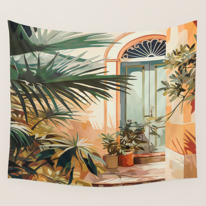 Villa Courtyard Mediterranean Art Wall Tapestry Gallery Image 1