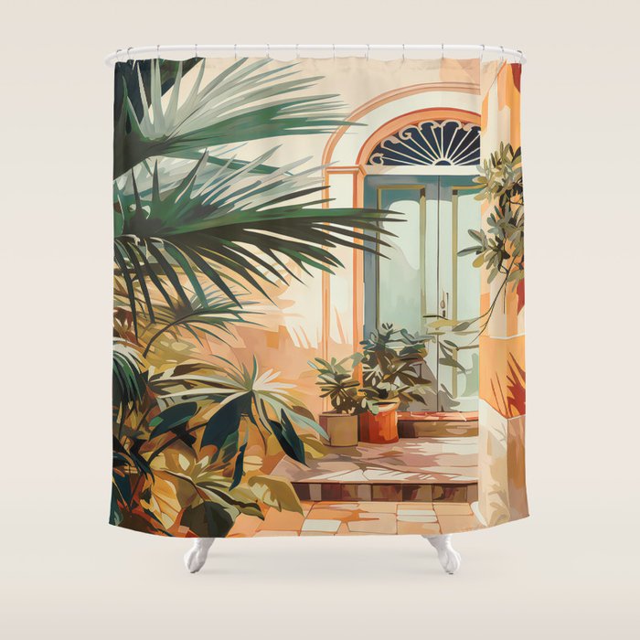 Villa Courtyard Mediterranean Art Shower Curtain Gallery Image 1