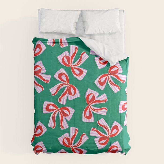 Retro Kitsch Christmas Ribbons on Stripy Bows - Red and Green Comforter Gallery Image 6