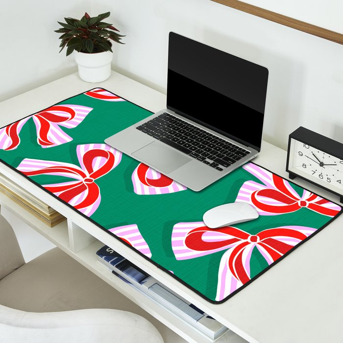 Retro Kitsch Christmas Ribbons on Stripy Bows - Red and Green Desk Mat Gallery Image 2