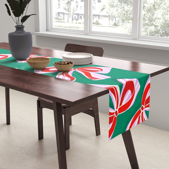 Retro Kitsch Christmas Ribbons on Stripy Bows - Red and Green Table Runner Gallery Image 2