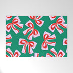 Retro Kitsch Christmas Ribbons on Stripy Bows - Red and Green Welcome Mat Gallery Image 1