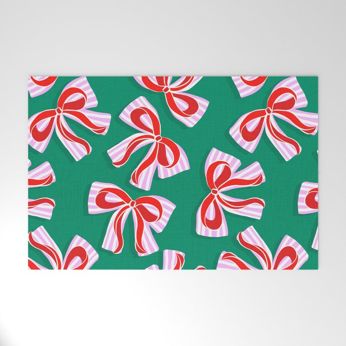 Retro Kitsch Christmas Ribbons on Stripy Bows - Red and Green Welcome Mat Gallery Image 1