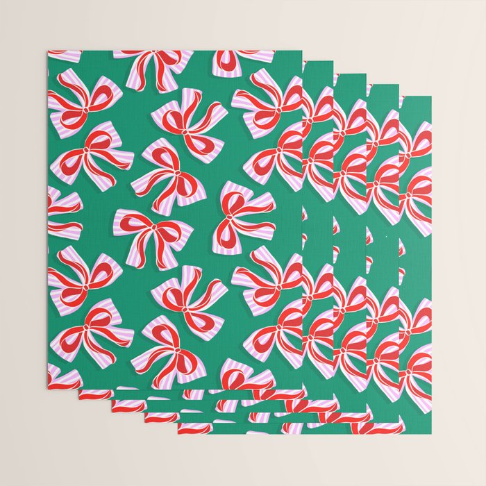 Retro Kitsch Christmas Ribbons on Stripy Bows - Red and Green Wrapping Paper Gallery Image 3