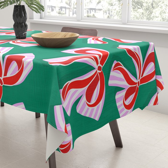 Retro Kitsch Christmas Ribbons on Stripy Bows - Red and Green Tablecloth Gallery Image 3