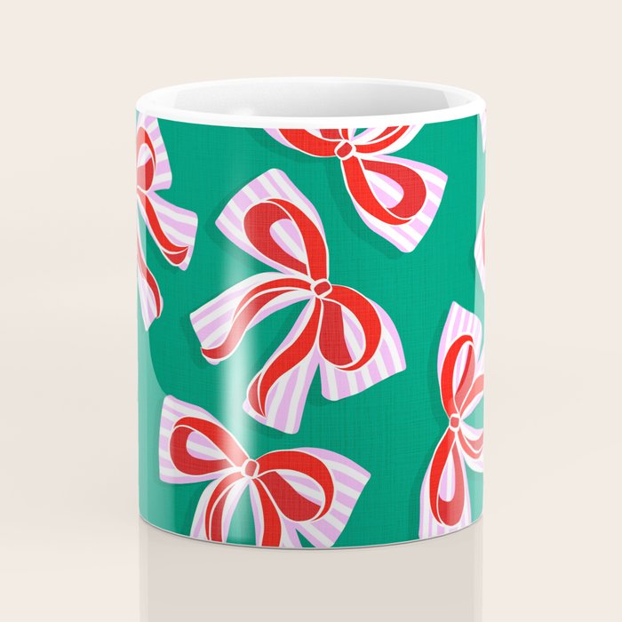 Retro Kitsch Christmas Ribbons on Stripy Bows - Red and Green Coffee Mug Gallery Image 4