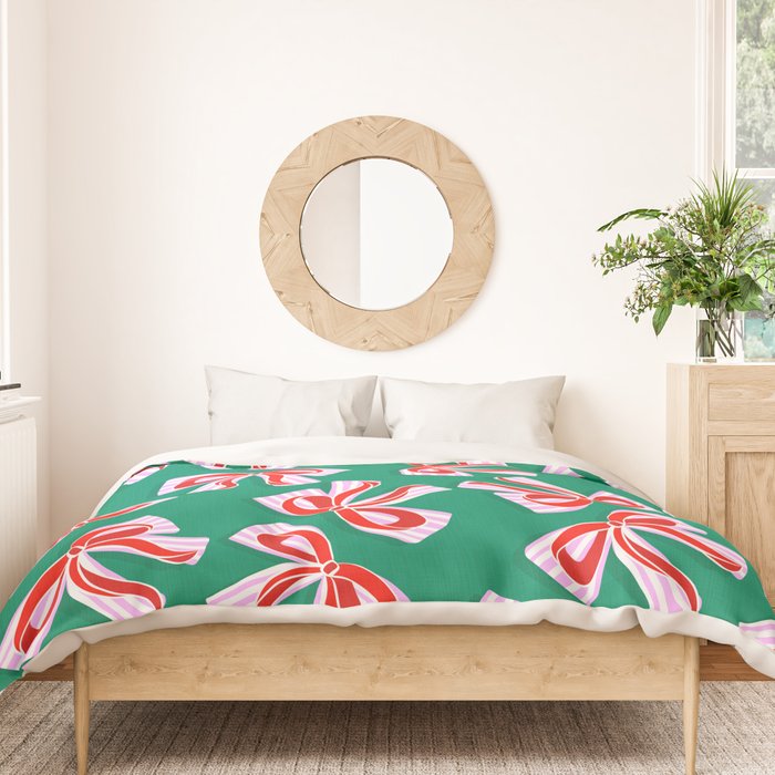Retro Kitsch Christmas Ribbons on Stripy Bows - Red and Green Duvet Cover Gallery Image 3