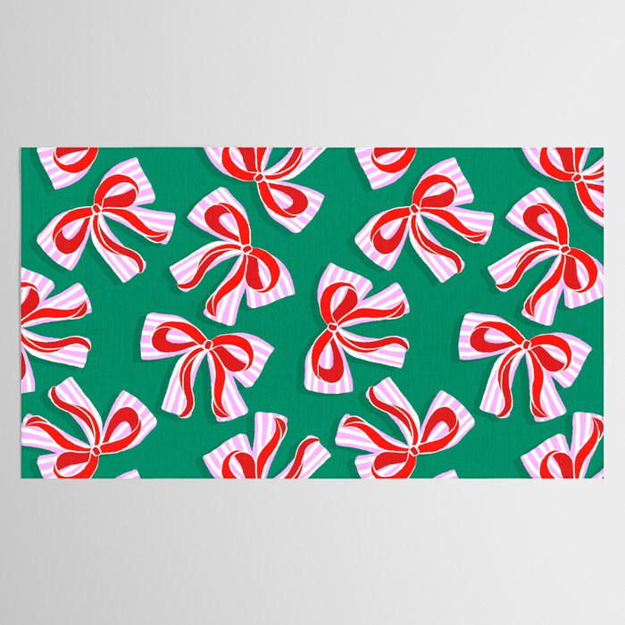 Retro Kitsch Christmas Ribbons on Stripy Bows - Red and Green Tablecloth Gallery Image 2