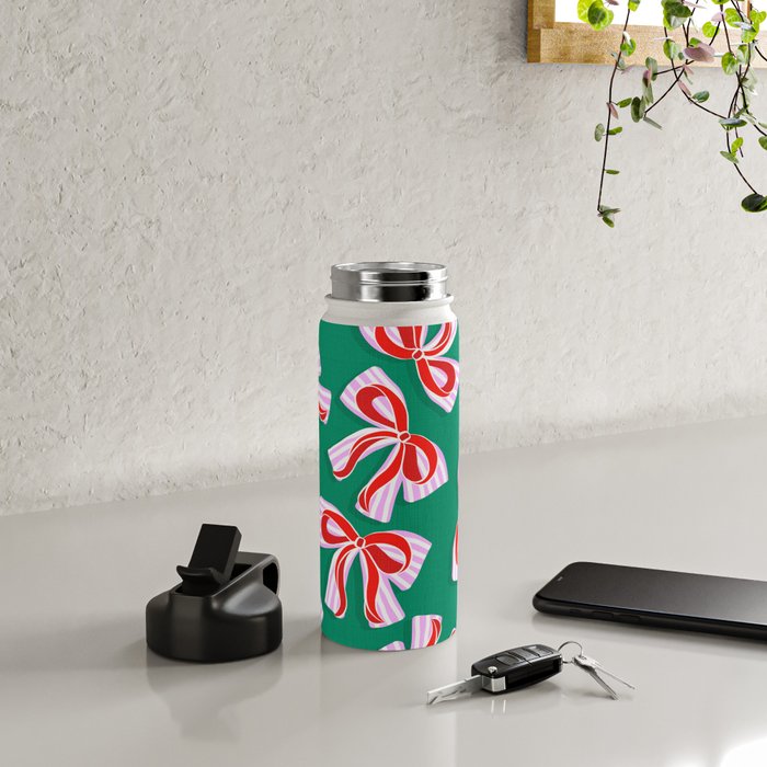 Retro Kitsch Christmas Ribbons on Stripy Bows - Red and Green Water Bottle Gallery Image 5