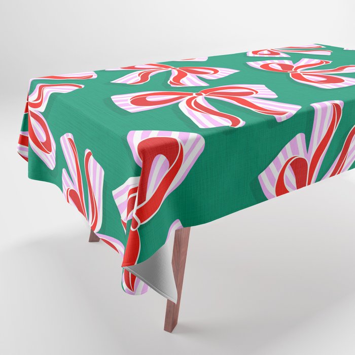 Retro Kitsch Christmas Ribbons on Stripy Bows - Red and Green Tablecloth Gallery Image 1