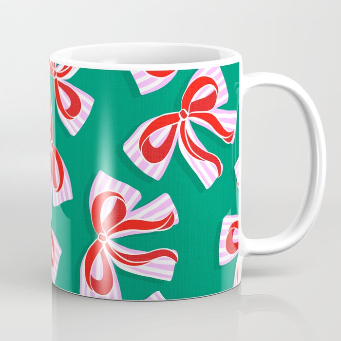 Retro Kitsch Christmas Ribbons on Stripy Bows - Red and Green Coffee Mug Gallery Image 1