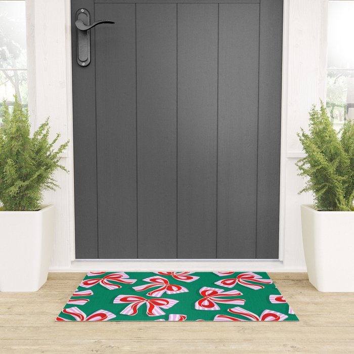 Retro Kitsch Christmas Ribbons on Stripy Bows - Red and Green Welcome Mat Gallery Image 3