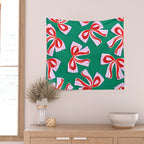 Retro Kitsch Christmas Ribbons on Stripy Bows - Red and Green Wall Tapestry Gallery Image 2