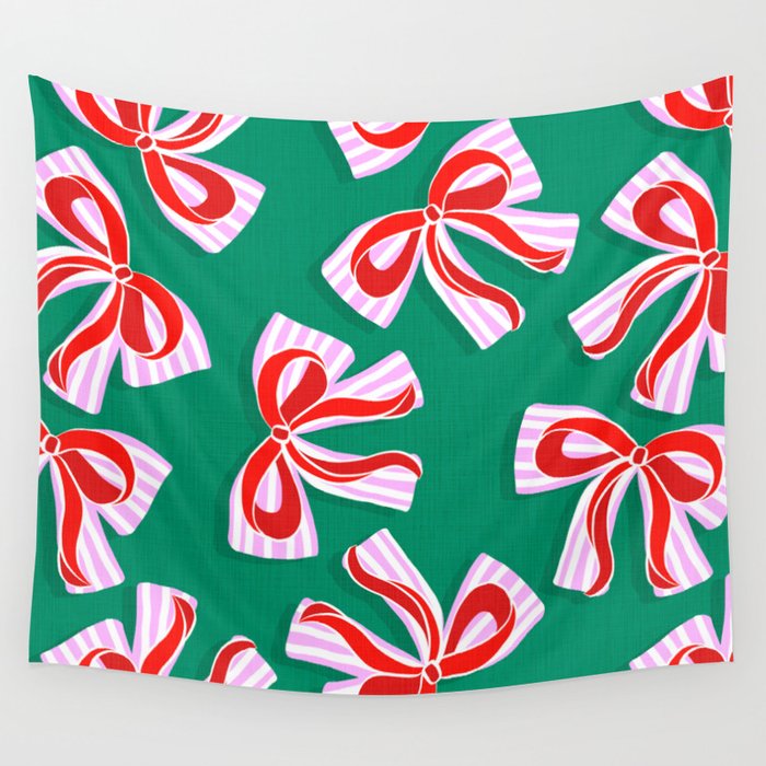Retro Kitsch Christmas Ribbons on Stripy Bows - Red and Green Wall Tapestry Gallery Image 1
