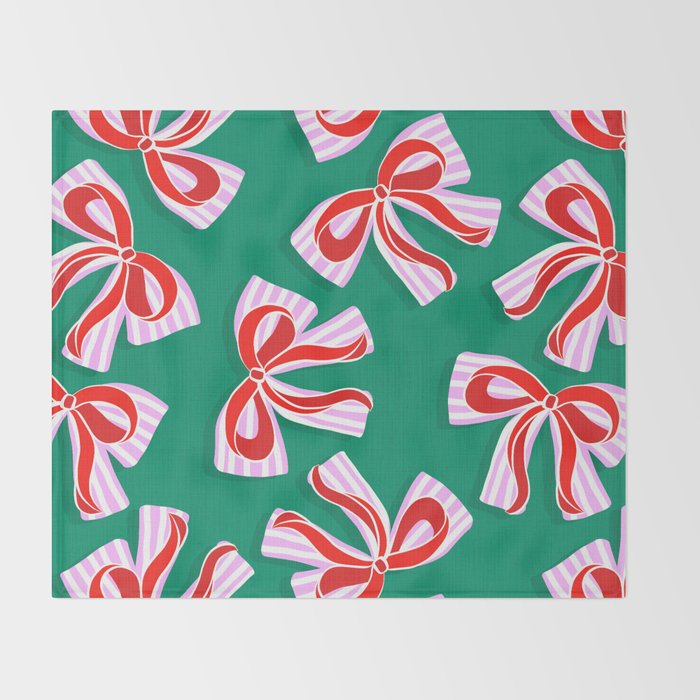 Retro Kitsch Christmas Ribbons on Stripy Bows - Red and Green Throw Blanket Gallery Image 2