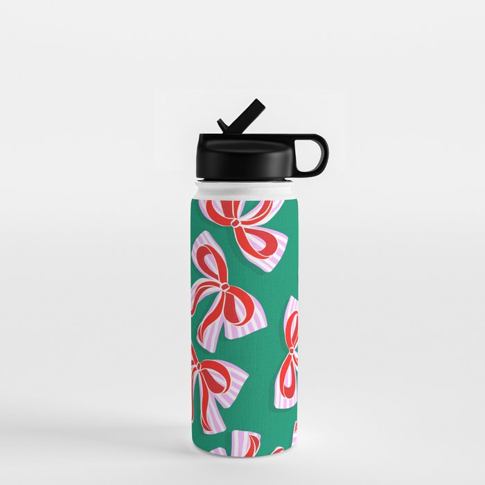 Retro Kitsch Christmas Ribbons on Stripy Bows - Red and Green Water Bottle Gallery Image 1